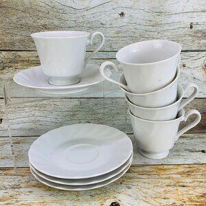 Wallace Heritage YORKSHIRE White Swirl Fine Porcelain Footed Cups Saucers Set 4